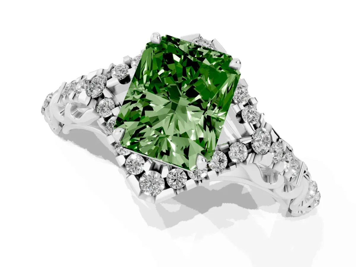 Fancy Green Radiant Cut Diamond Solitaire Ring with Hidden Halo and Pavé Band White gold