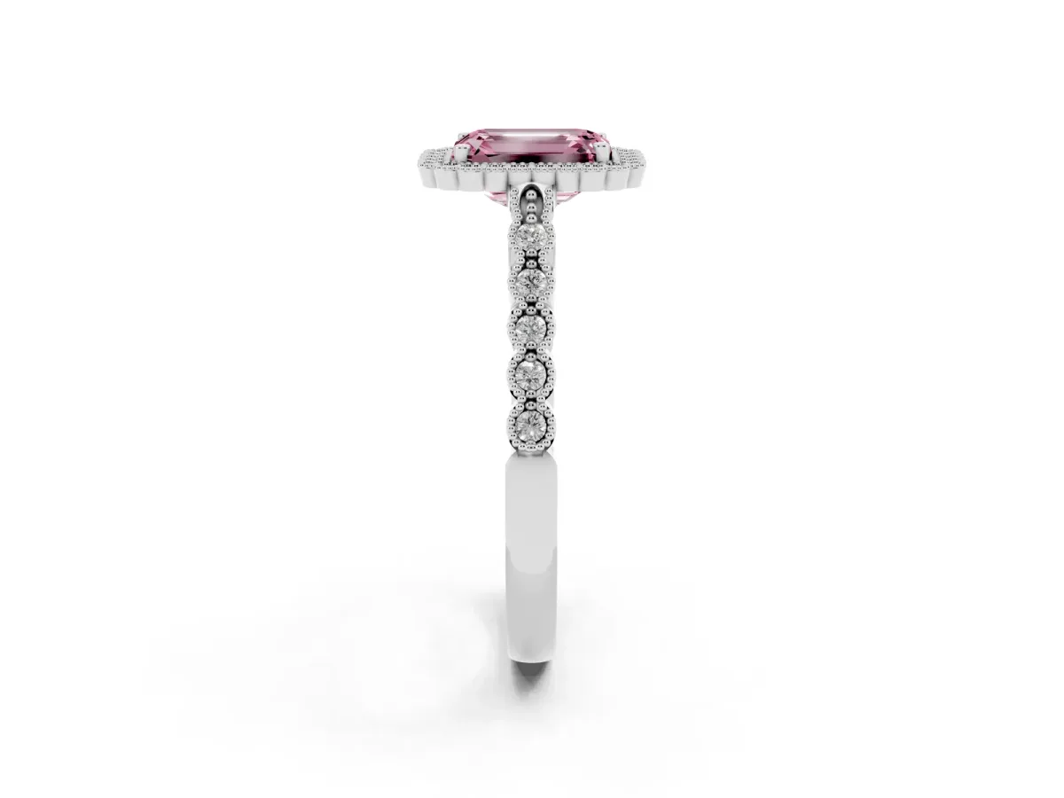 Fancy Pink Emerald Cut Cut Halo Pavé Solitaire Ring with Milgrain Band Silver