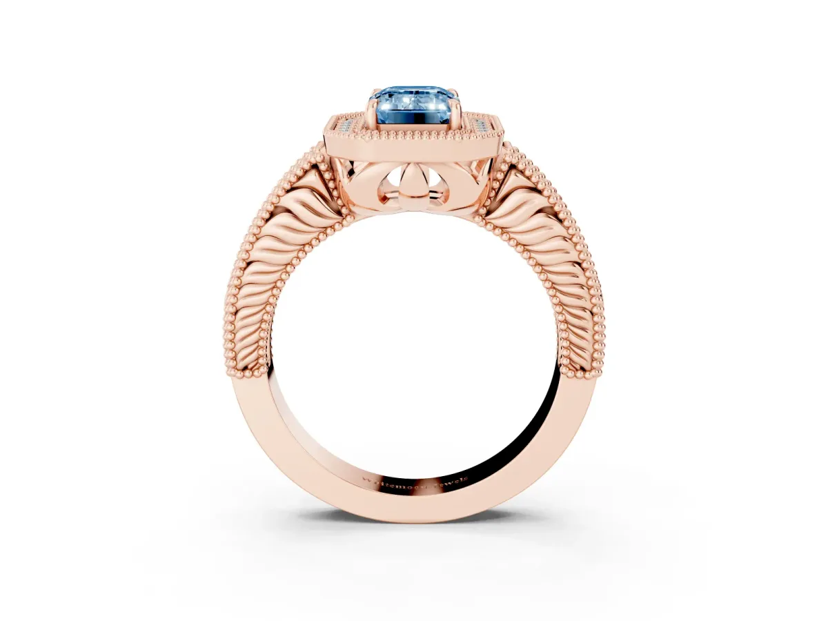Fancy Blue Emerald Cut Cut Halo Diamond Ring with Pavé Band and Four-Prong Setting Rose gold