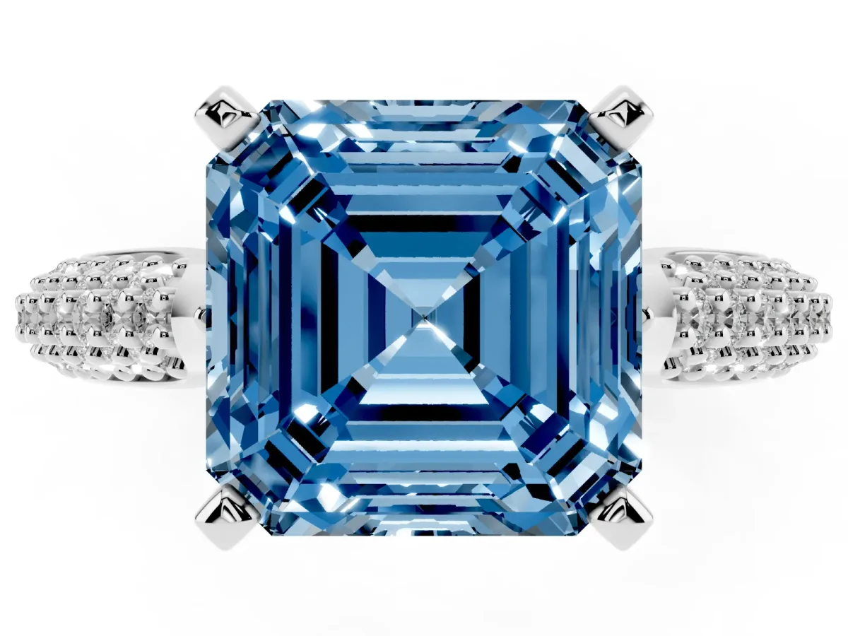 Fancy Blue Asscher Cut Diamond Solitaire Engagement Ring with Multi-Row Round Pavé Band and Prong Setting Silver