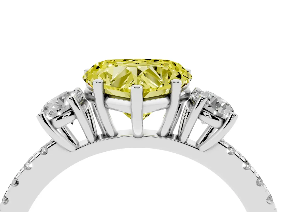 Fancy Yellow Three-Stone Heart Cut Cut Diamond Pavé Band with Prong Setting Silver