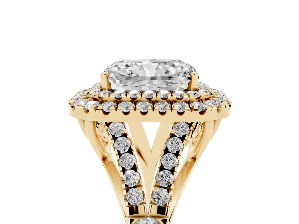 Radiant Cut Diamond Pavé Split Shank Double Halo Engagement Ring Yellow gold
