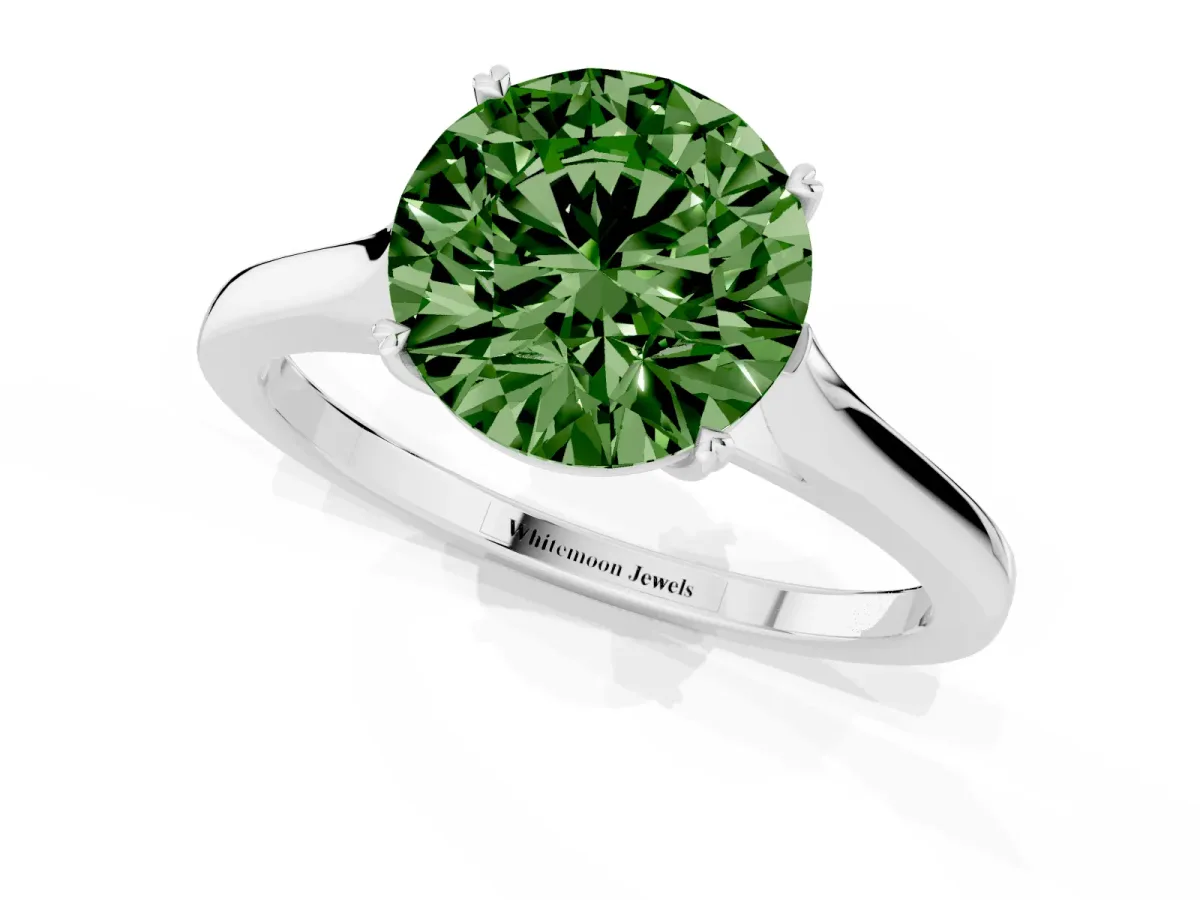 Fancy Green Round Cut Solitaire Heart Prong Engagement Ring with Tapered Band White gold