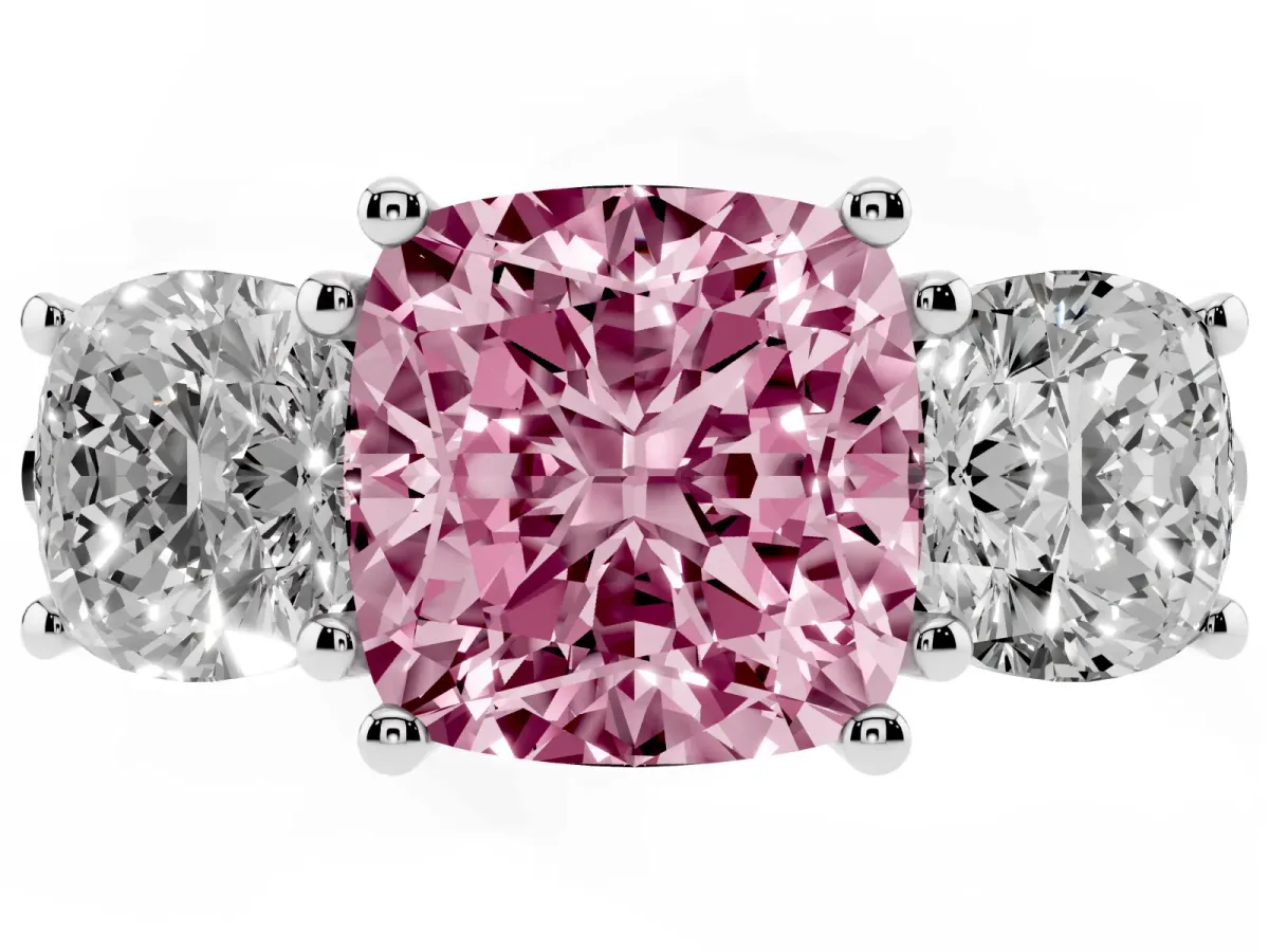 Fancy Pink Three-Stone Cushion Cut Diamond Ring with Round Pavé Band and Prong Setting Silver