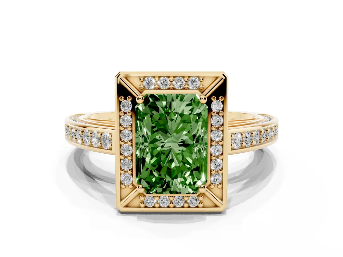 Fancy Green Radiant Cut Cut Halo Pave Split Shank Prong Setting Ring Yellow gold