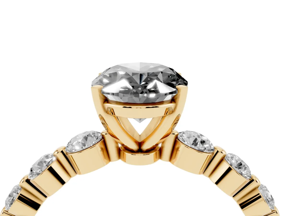 Fancy Black Oval Cut Solitaire Diamond Ring with Pave Band and Four-Prong Setting Yellow gold