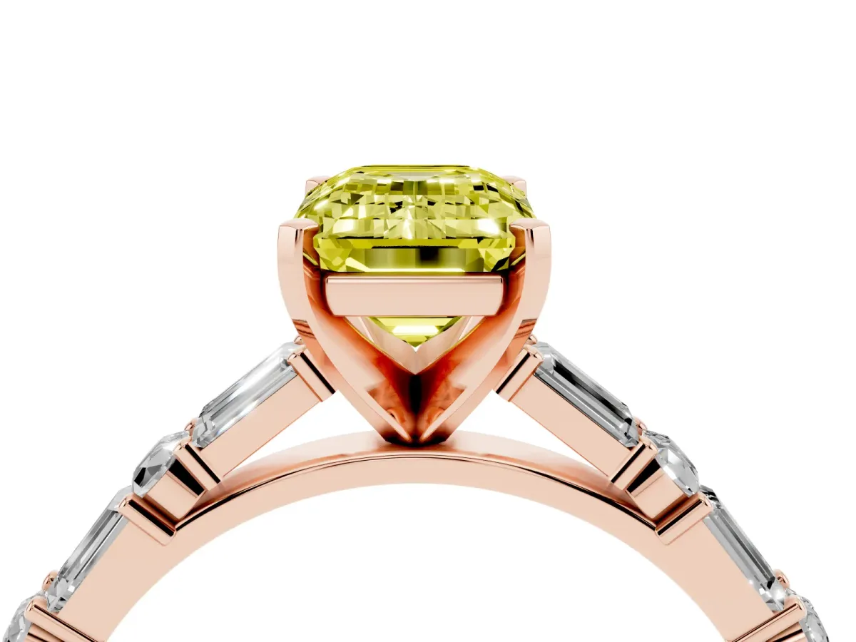 Fancy Yellow Emerald Cut Diamond Solitaire with Side Baguettes and Channel Set Band Rose gold