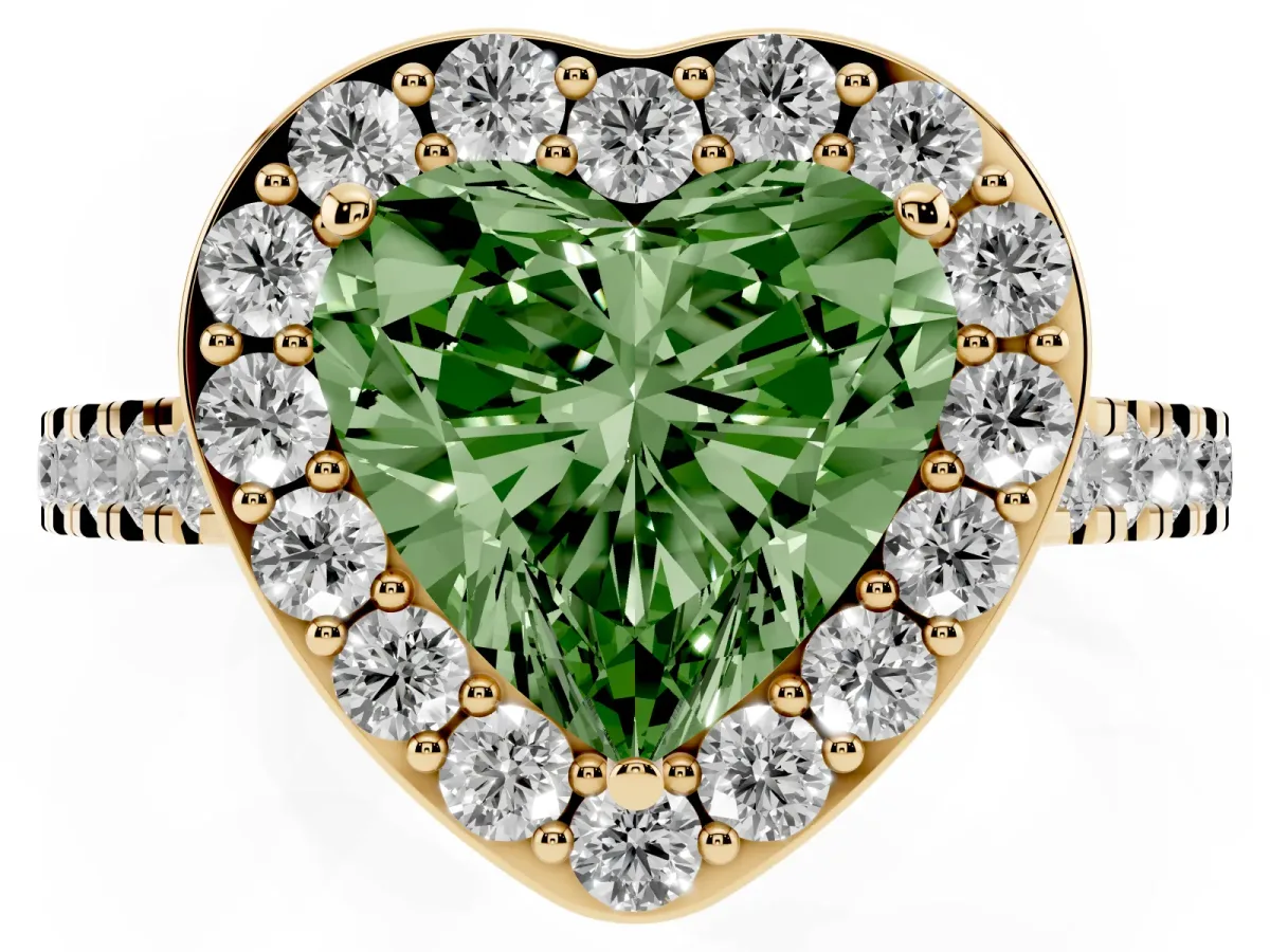 Fancy Green Heart Cut Diamond Halo Ring with Round Pavé Split Shank and Prong Setting Yellow gold
