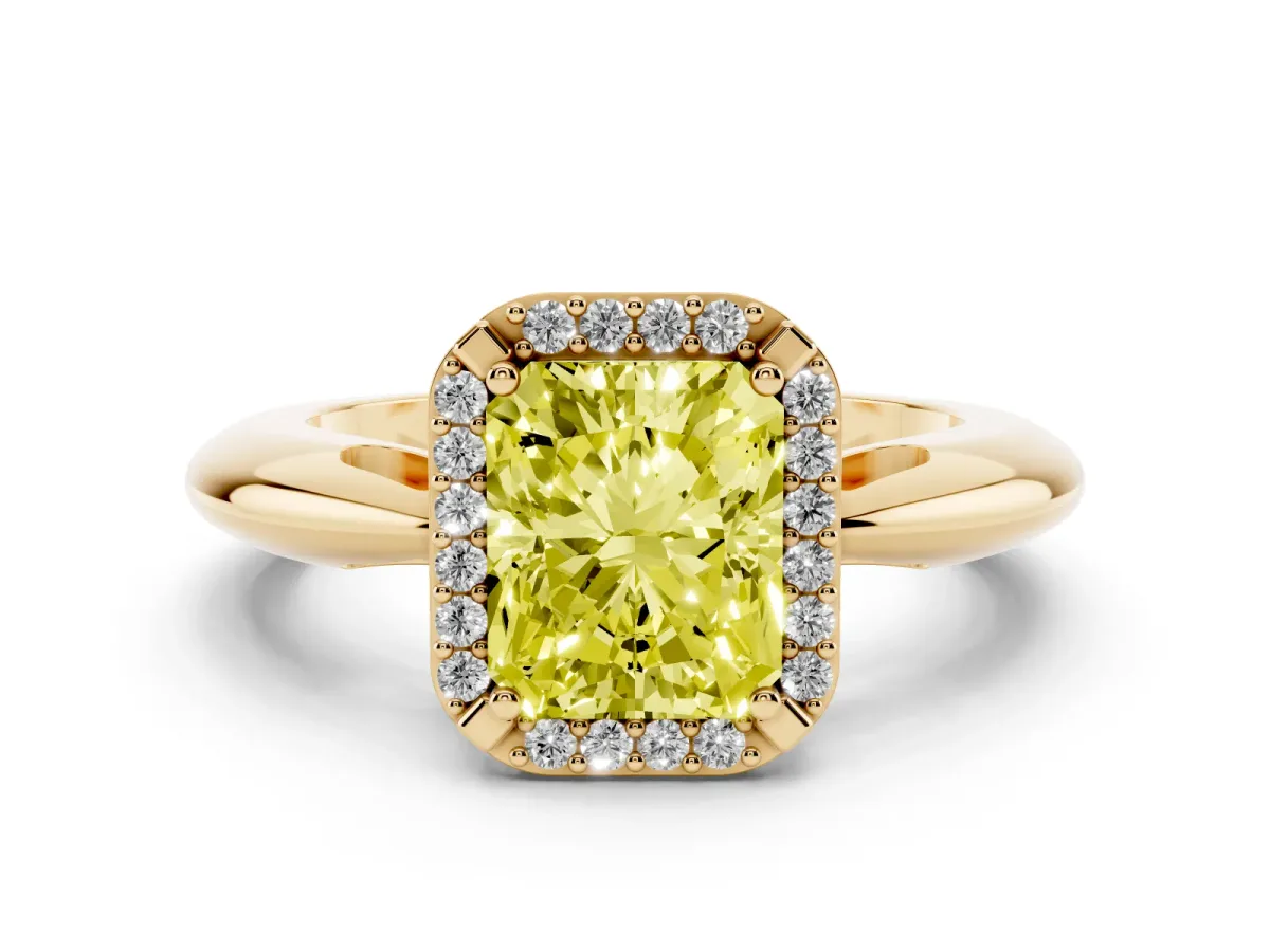 Fancy Yellow Radiant Cut Cut Diamond Halo Engagement Ring with Split Shank and Four-Prong Setting Yellow gold