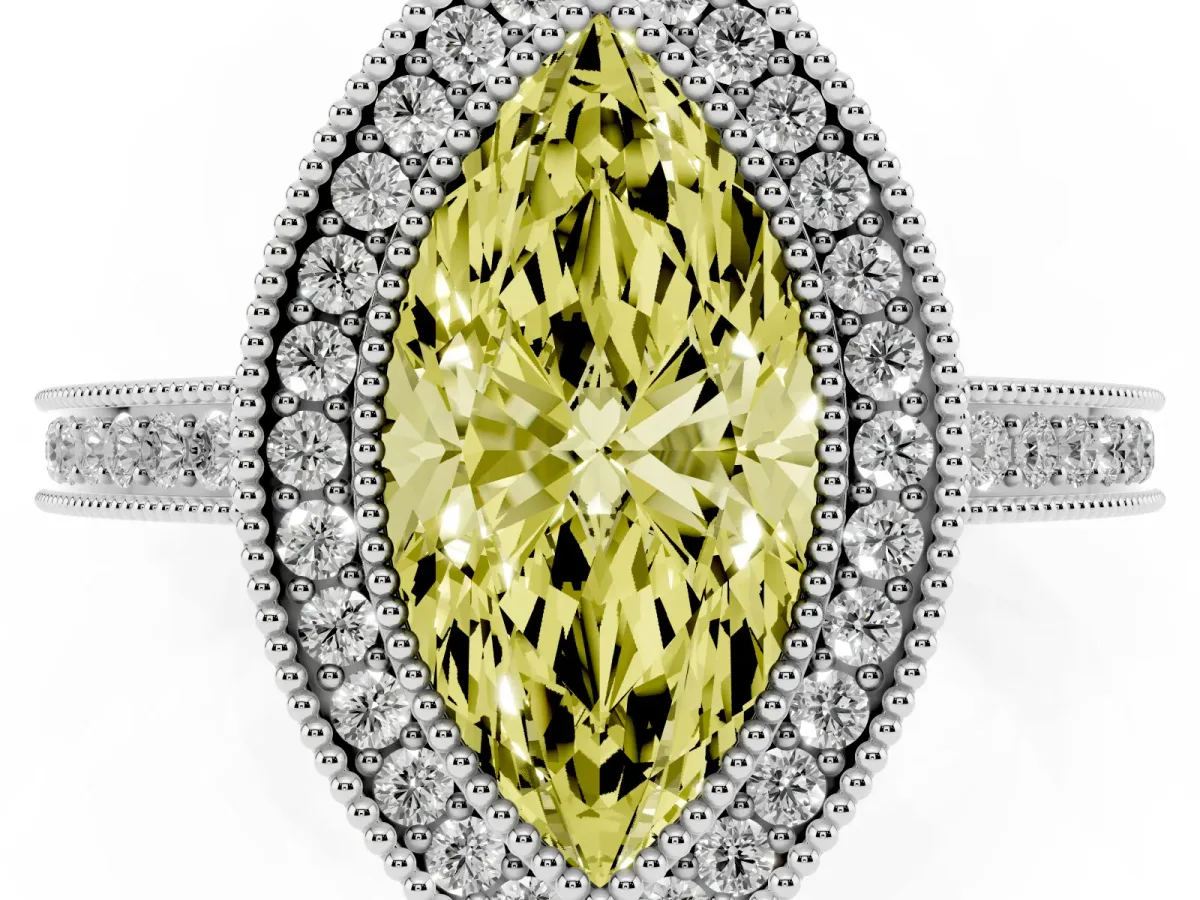 Fancy Yellow Marquise Cut Cut Halo Diamond Ring with Pavé Band and Milgrain Prong Setting Silver