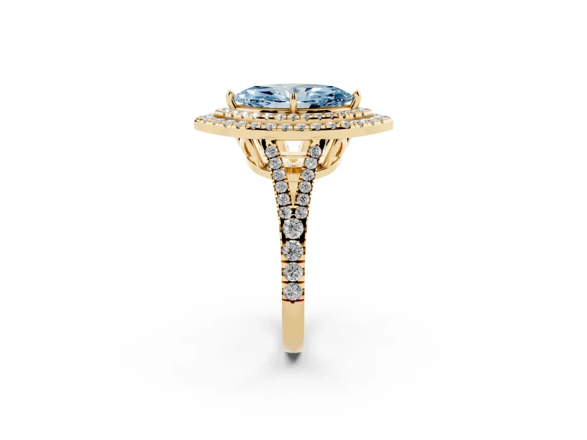 Fancy Blue Marquise Cut Diamond Double Halo Ring with Pavé Band and Prong Setting Yellow gold