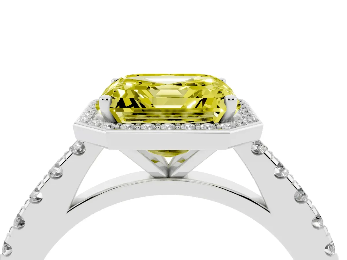 Fancy Yellow Asscher Cut Cut Halo Diamond Engagement Ring with Pave Band and Four-Prong Setting Platinum