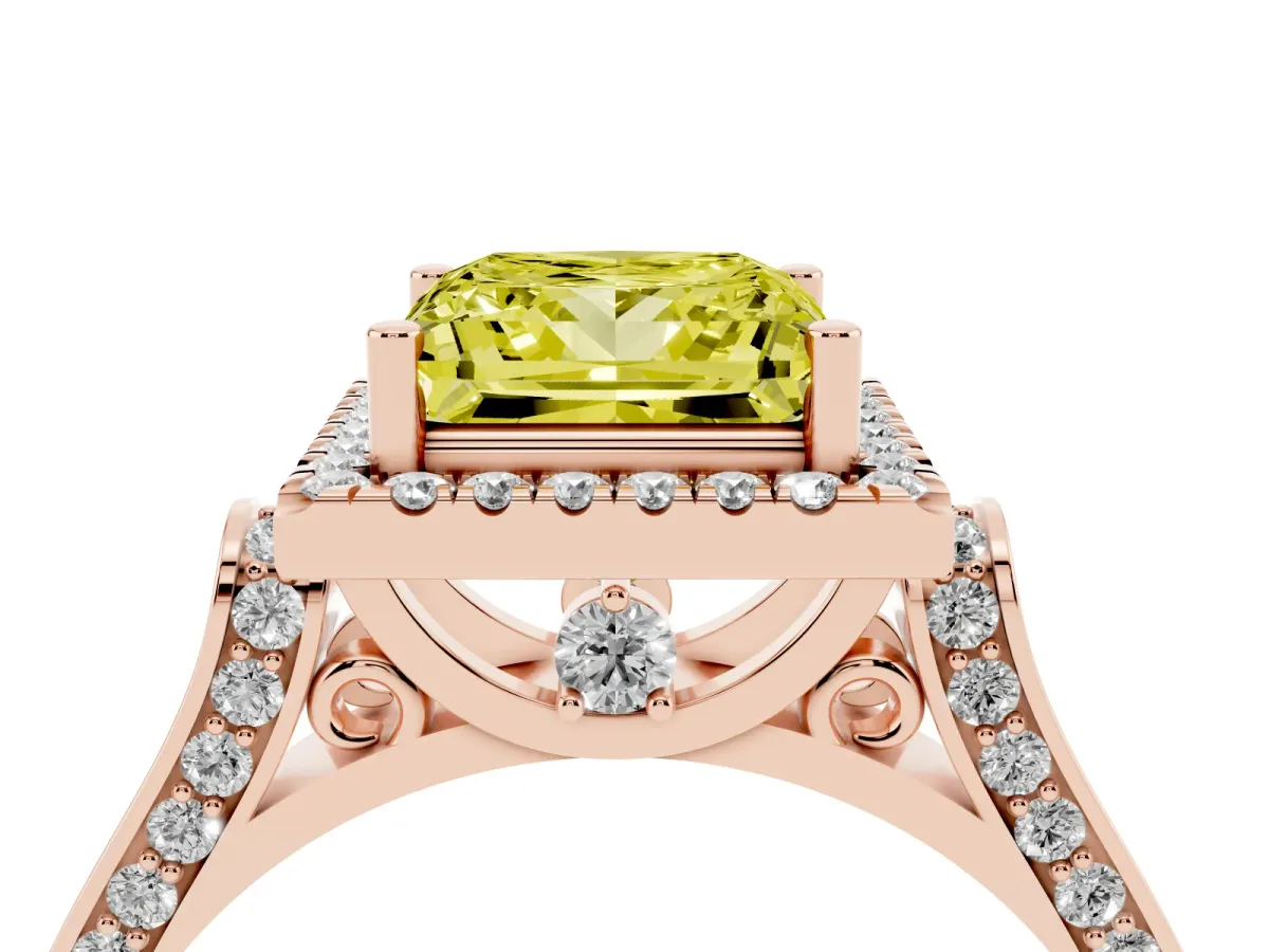 Fancy Yellow Princess Cut Halo Round Diamond Twist Band with Four-Prong Setting Rose gold