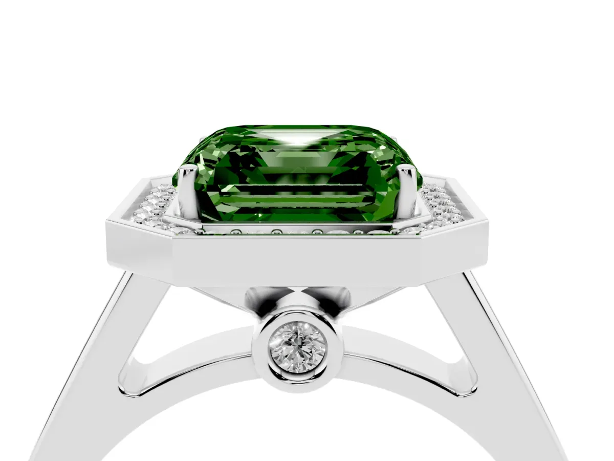 Fancy Green Asscher Cut Halo Solitaire Diamond Ring with Pave Band and Bezel Setting Platinum
