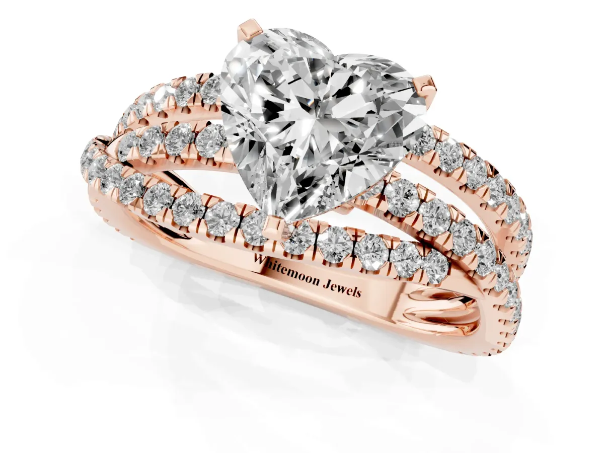 Heart Cut Solitaire Twist Band with Pavé Setting and Four-Prong Setting Rose gold