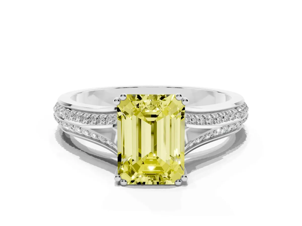 Fancy Yellow Emerald Cut Diamond Split Shank Engagement Ring with Pavé Band Silver