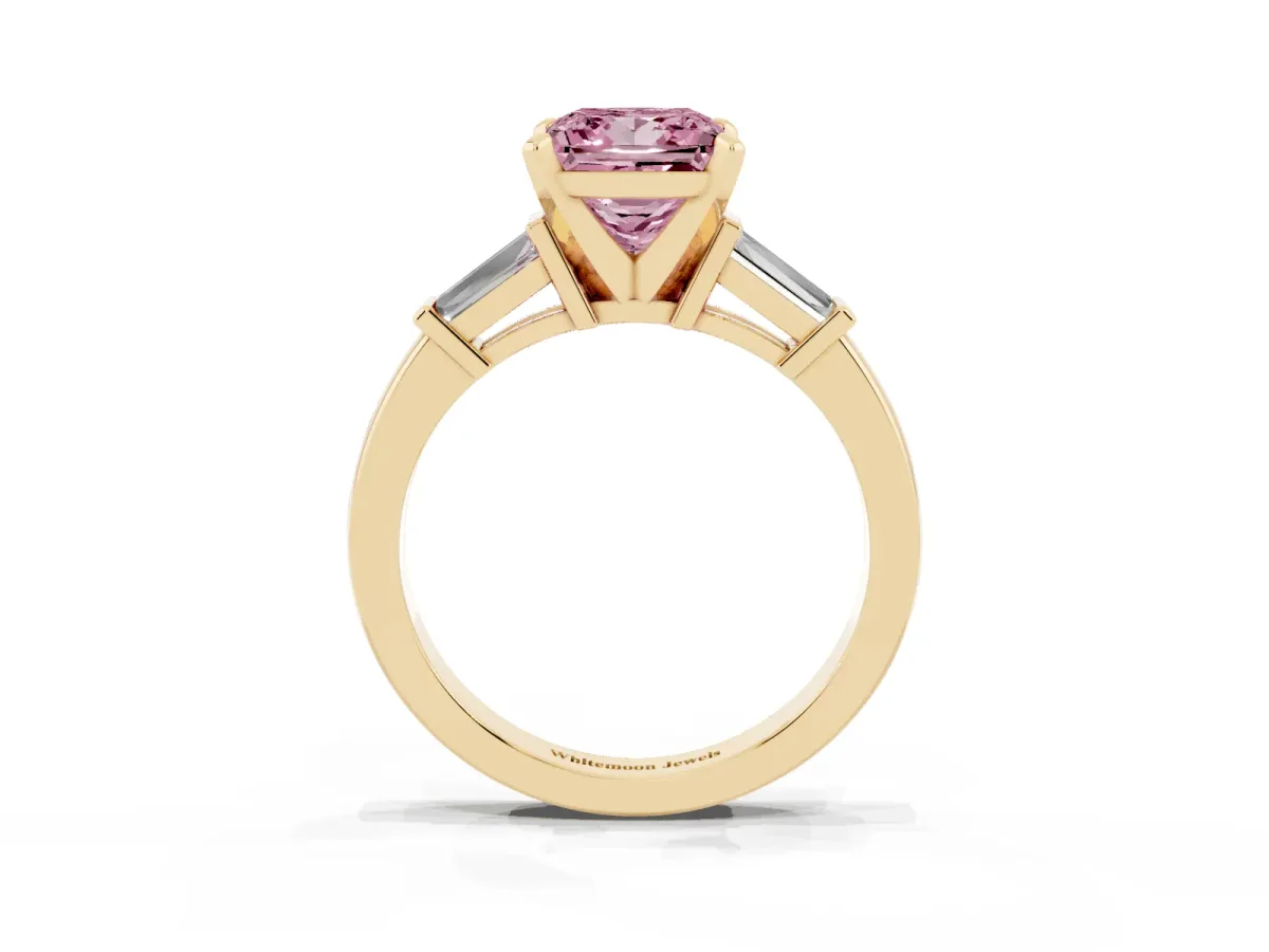 Fancy Pink Princess Cut Cut Diamond Solitaire Ring with Tapered Baguette Accents and Four-Prong Setting Yellow gold