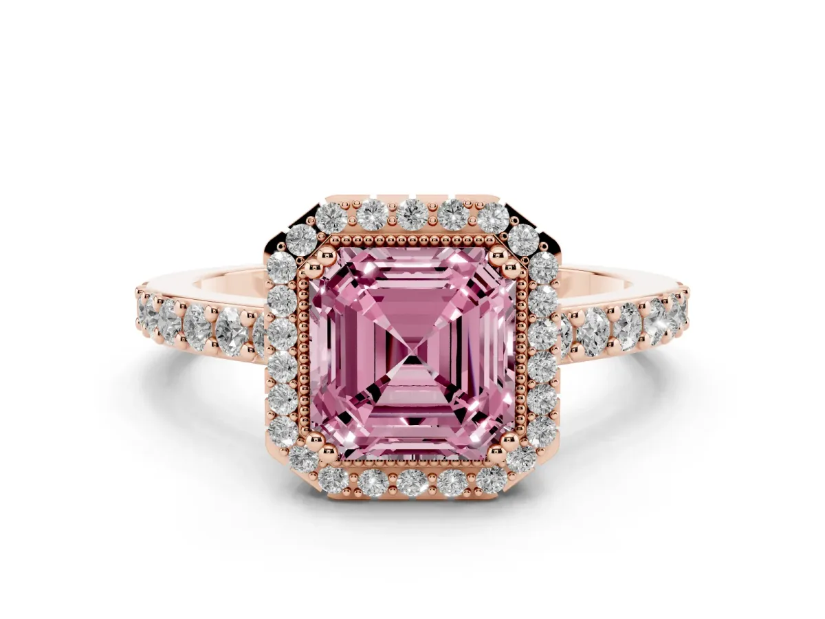 Fancy Pink Asscher Cut Cut Diamond Halo Engagement Ring with Milgrain Detail and Pavé Band Rose gold
