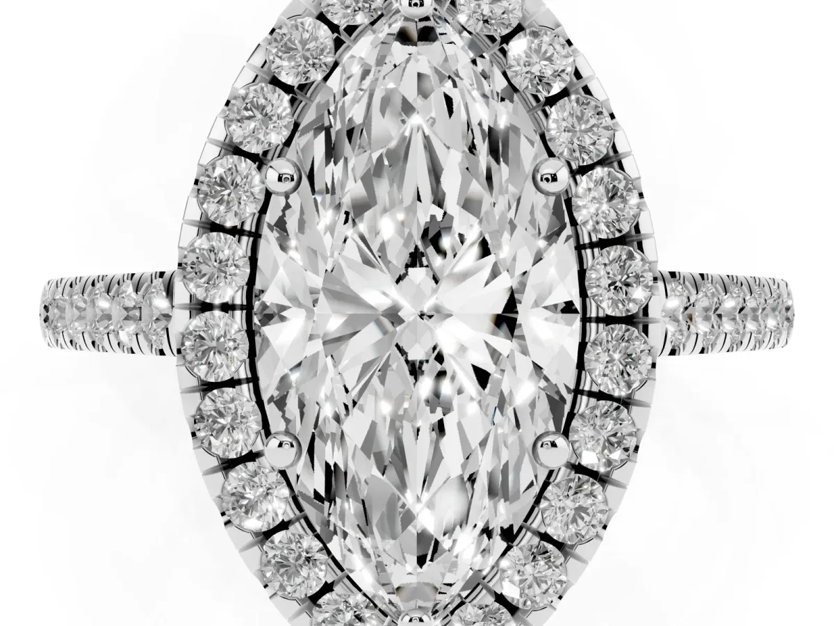 Marquise Cut Halo Pavé Diamond Engagement Ring with Four-Prong Setting Silver