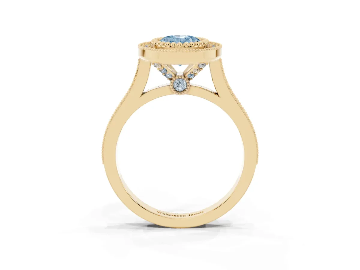 Fancy Blue Oval Cut Diamond Halo Ring with Milgrain Frame and Pavé Band Yellow gold
