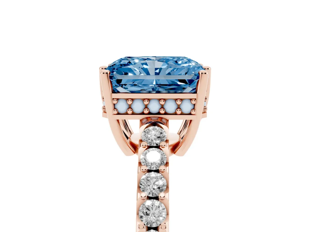 Fancy Blue Radiant Cut Solitaire Diamond Engagement Ring with Pavé Band and Six-Prong Setting Rose gold