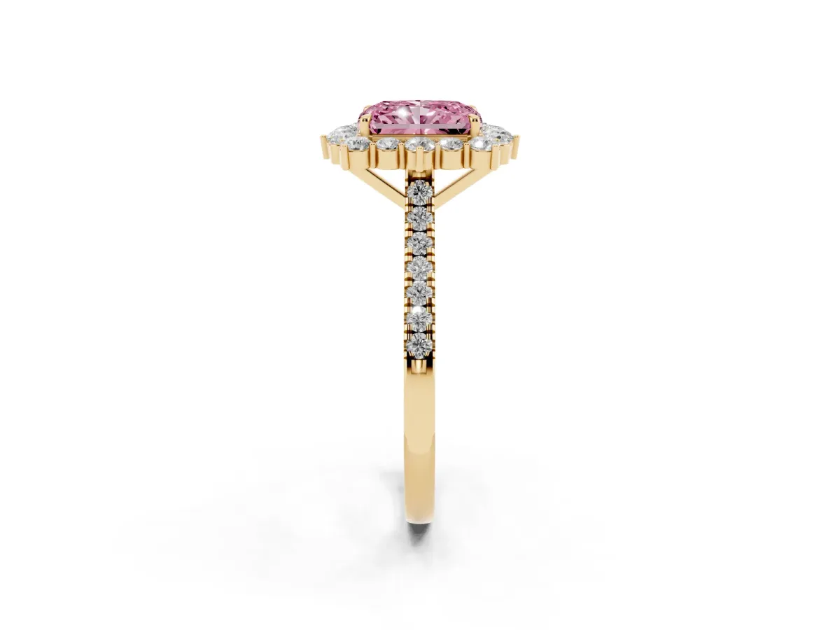 Fancy Pink Radiant Cut Halo Diamond Ring with Pavé Band and Prong Setting Yellow gold