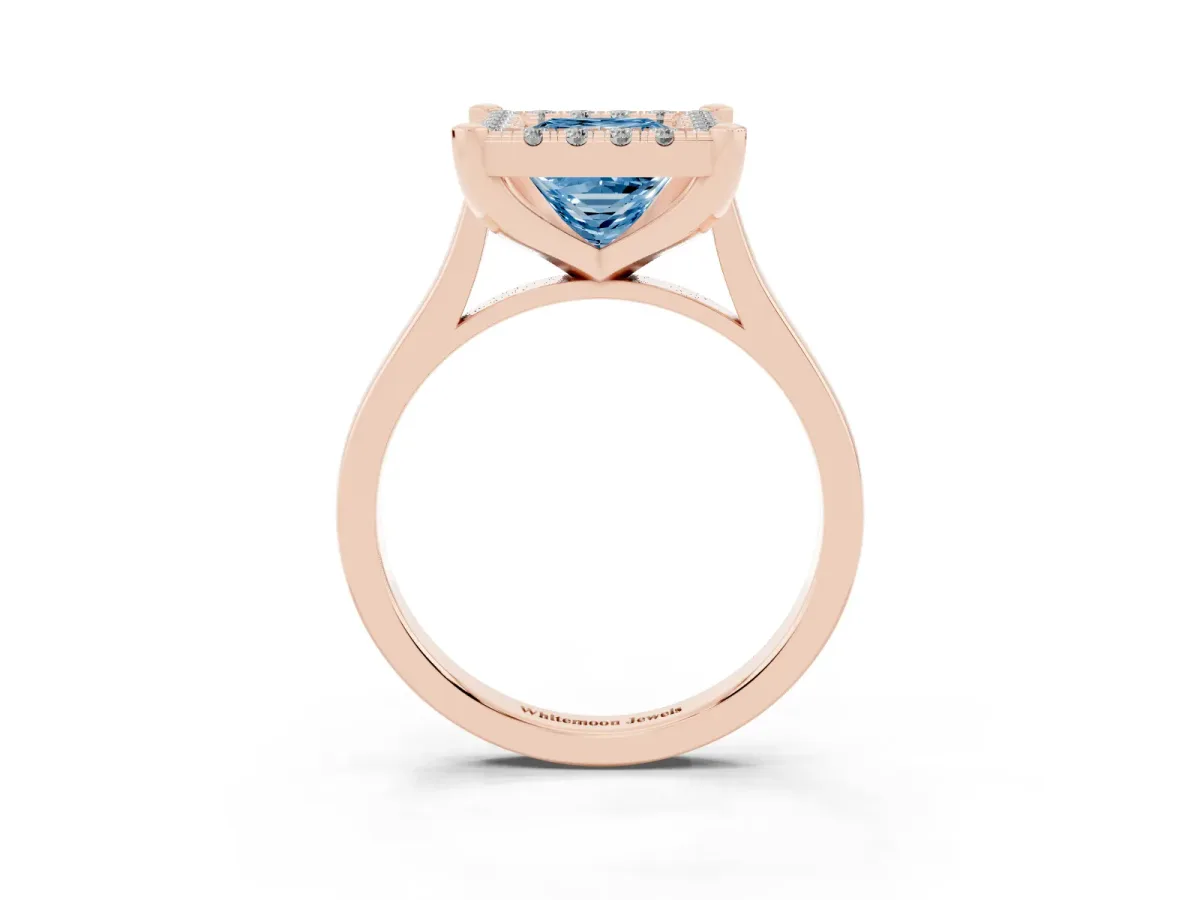 Fancy Blue Princess Cut Diamond Cluster Halo Solitaire with Four-Prong Setting Rose gold
