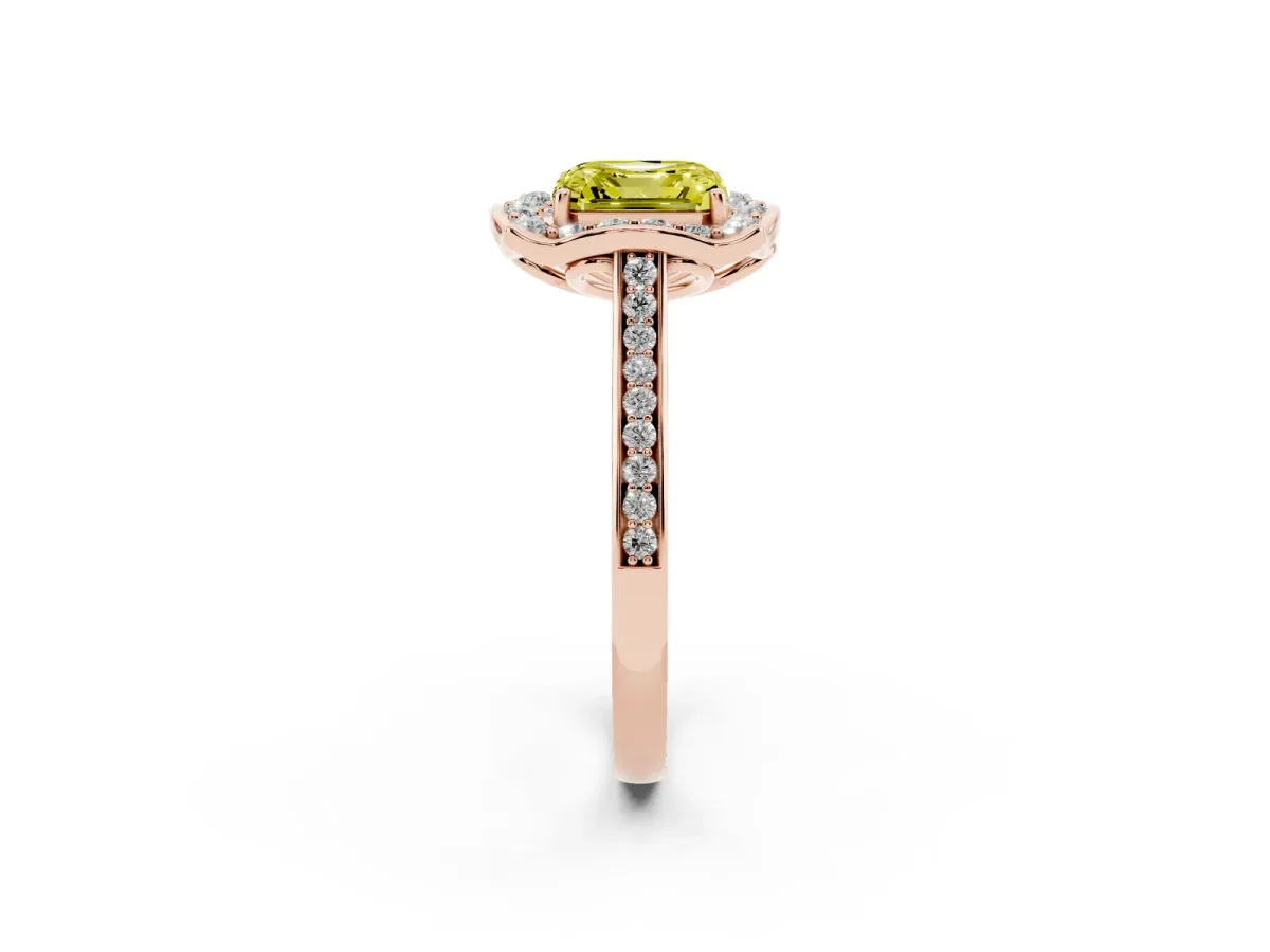 Fancy Yellow Asscher Cut Halo Round Diamond Pave Band with Four-Prong Setting Rose gold