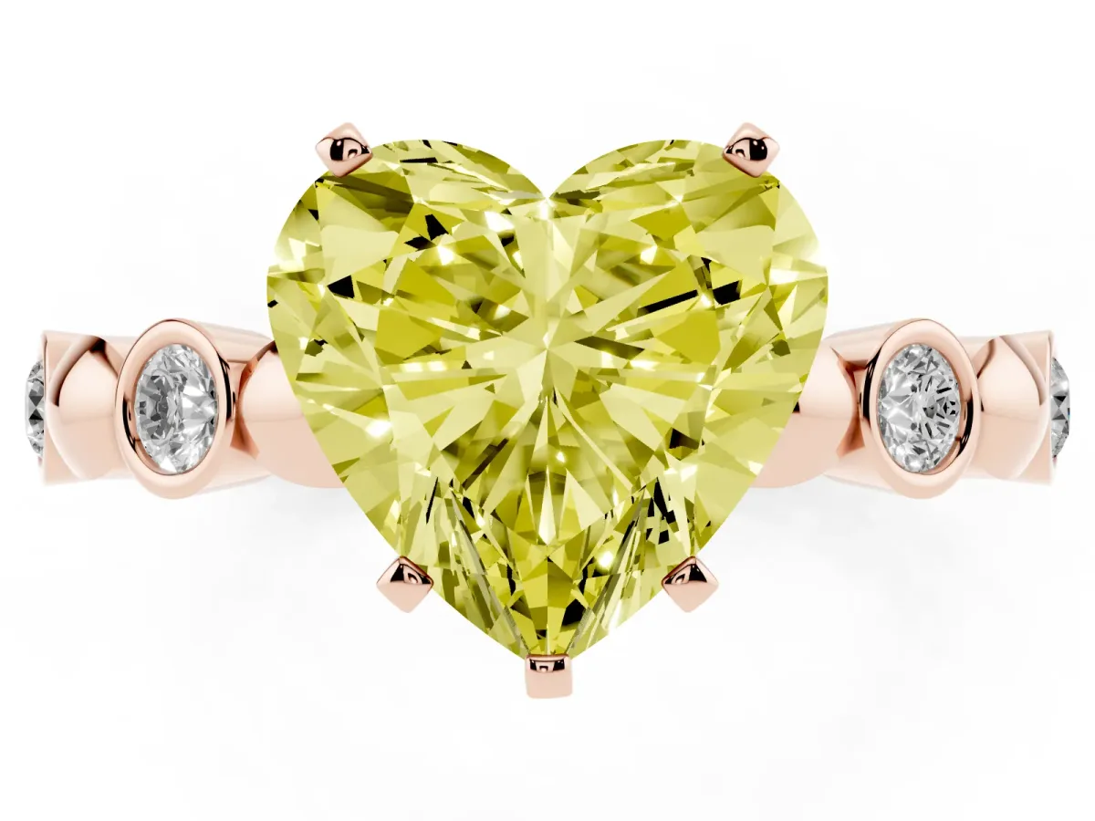Fancy Yellow Heart Cut Solitaire Bezel-Set Diamond Ring with Beaded Band and Four-Prong Setting Rose gold