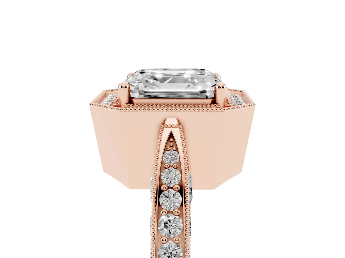 Asscher Cut Halo Diamond Engagement Ring with Split Shank Band and Four-Prong Setting Rose gold