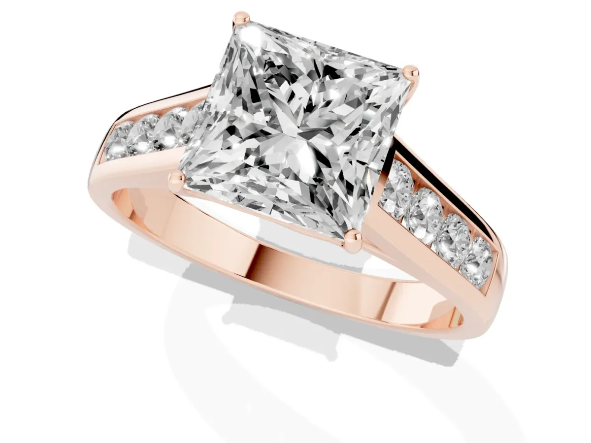 Princess Cut Solitaire Channel-Set Diamond Engagement Ring with Four-Prong Setting Rose gold