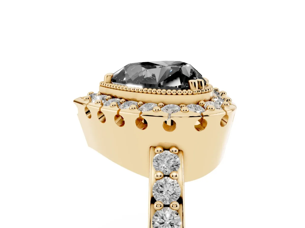 Fancy Black Heart Cut Diamond Halo Ring with Pavé Band and Prong Setting Yellow gold