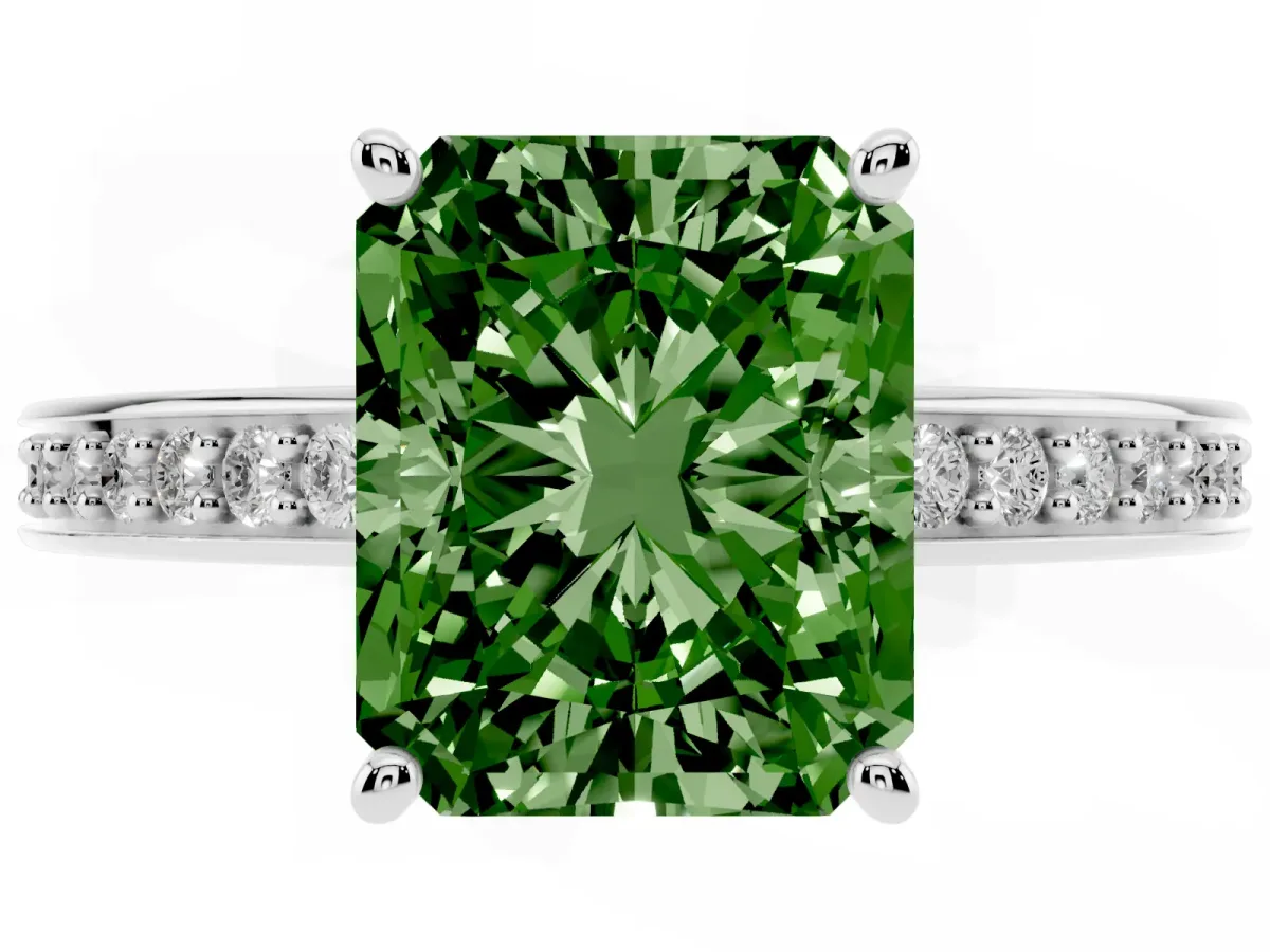 Fancy Green Radiant Cut Solitaire Pavé Band Prong Setting Ring Platinum