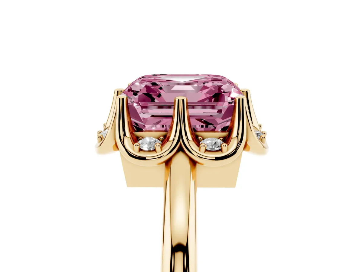 Fancy Pink Asscher Cut Halo Diamond Ring with Round Cluster Setting, Solitaire Band, and Four-Prong Setting Yellow gold