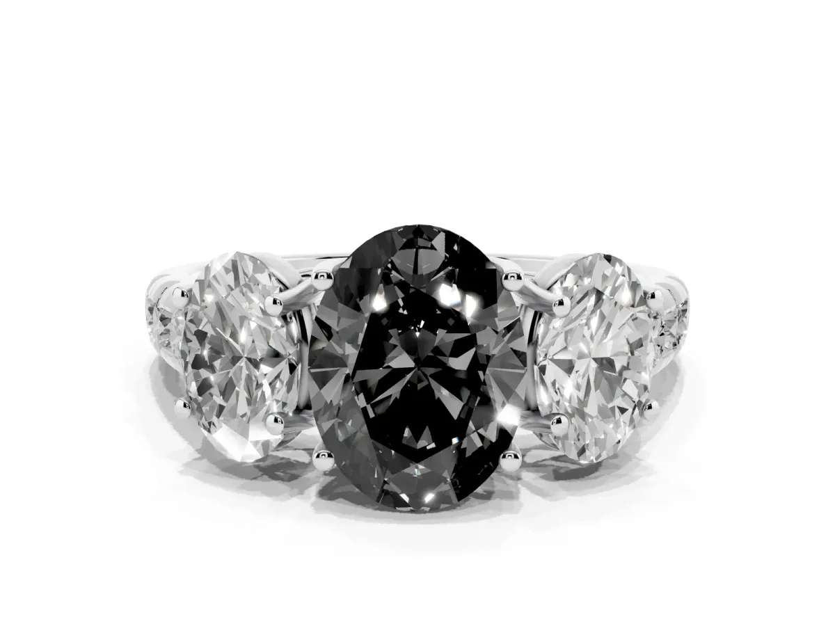 Fancy Black Three-Stone Oval Cut Diamond Pavé Band with Prong Setting Silver