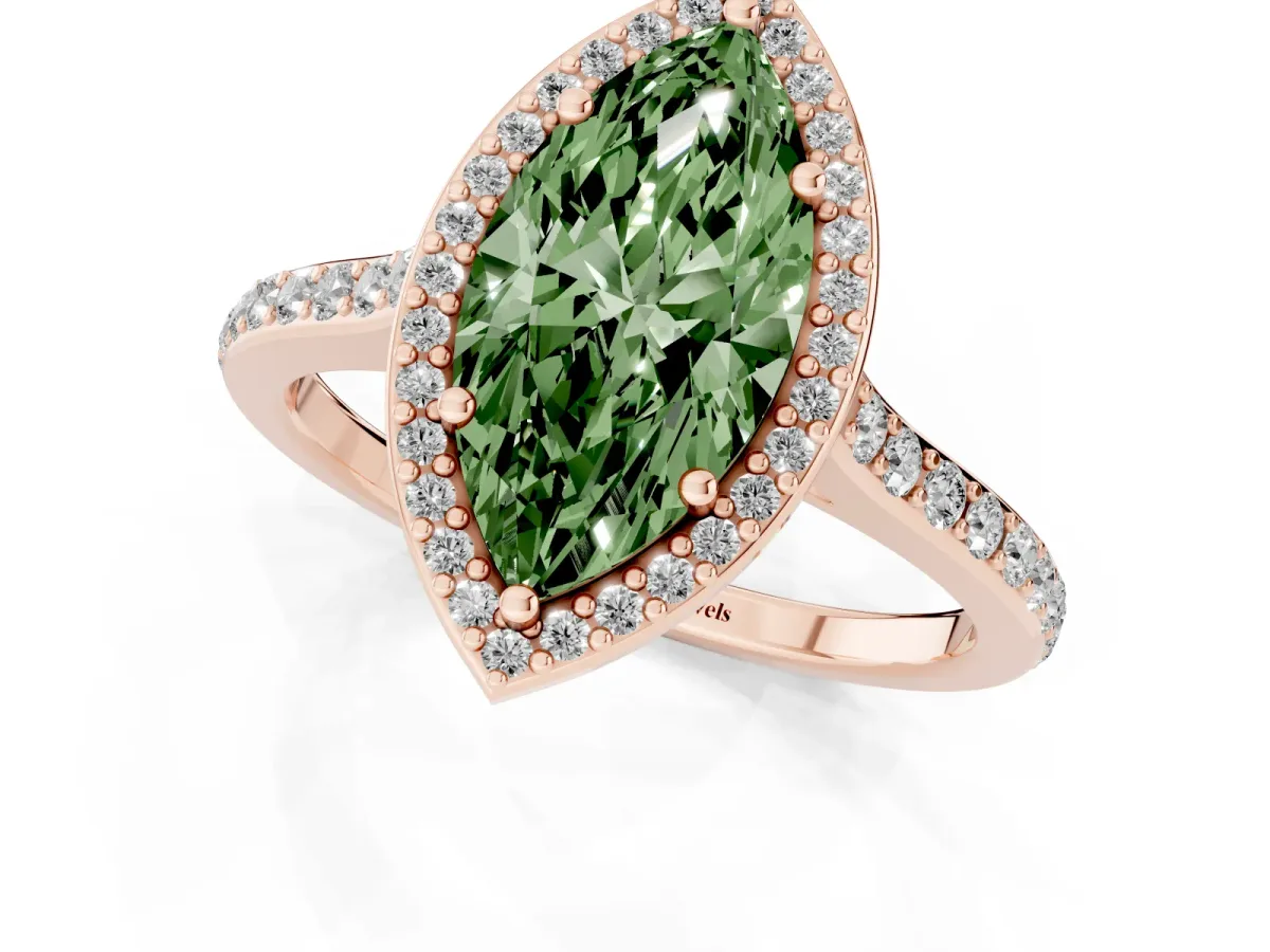 Fancy Green Marquise Cut Diamond Halo Engagement Ring with Round Pavé Shoulders and Prong Setting Rose gold