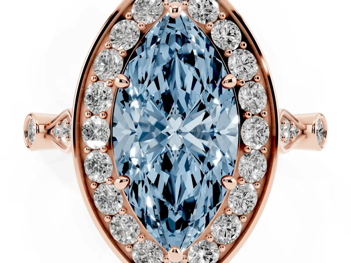 Fancy Blue Marquise Cut Halo Diamond Engagement Ring with Twisted Band and Four-Prong Setting Rose gold