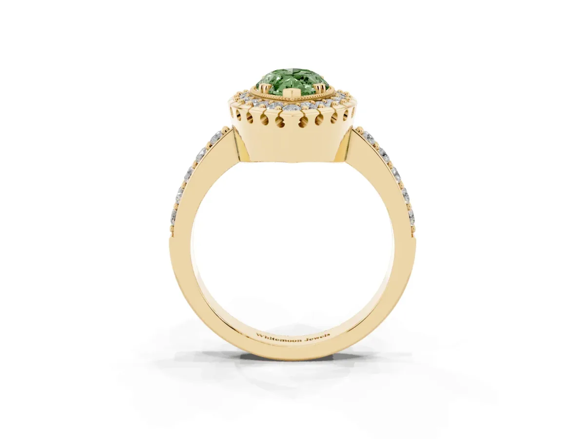 Fancy Green Marquise Cut Diamond Halo Ring with Pavé Band and Prong Setting Yellow gold
