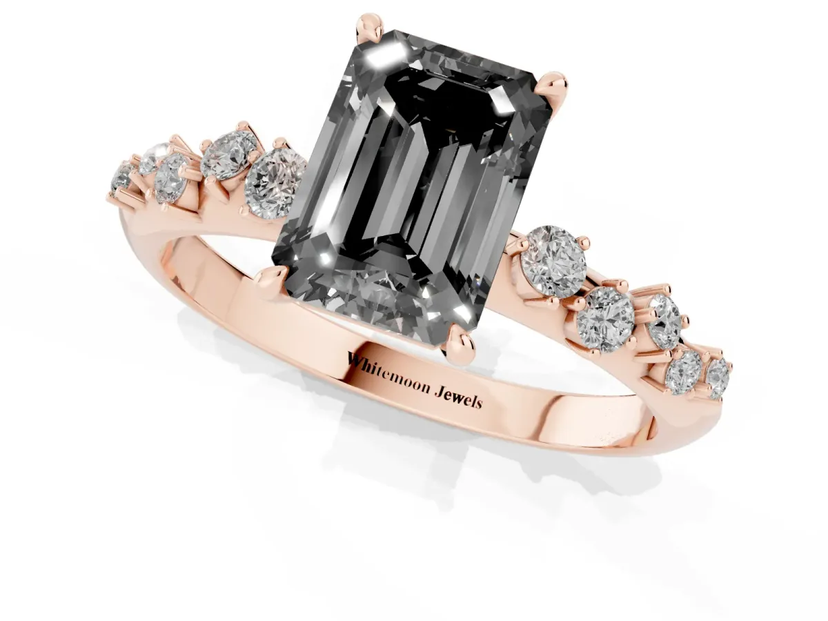 Fancy Black Emerald Cut Diamond Cluster Side Stone Solitaire Ring with Prong Setting Rose gold