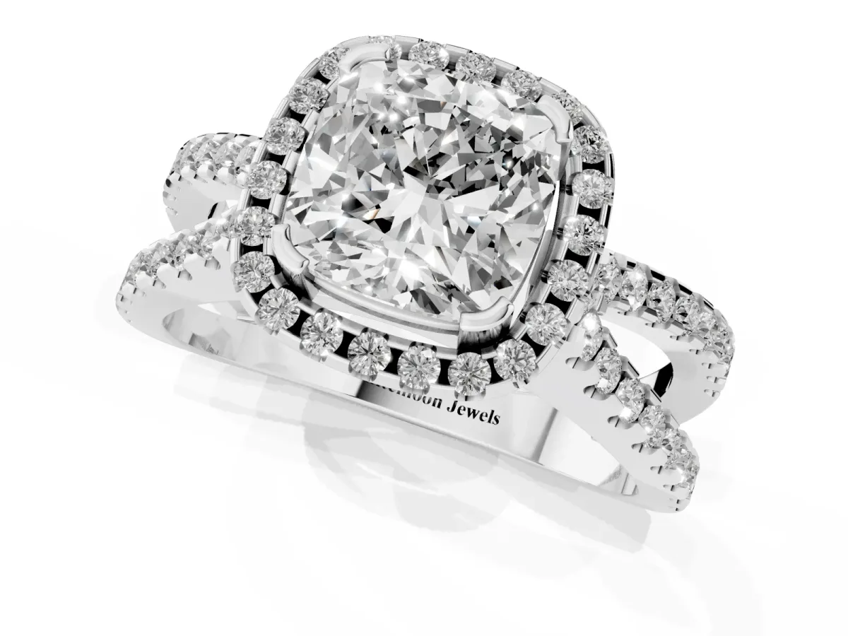 Cushion Cut Diamond Halo Ring with Split Shank Pavé Band and Prong Setting Silver