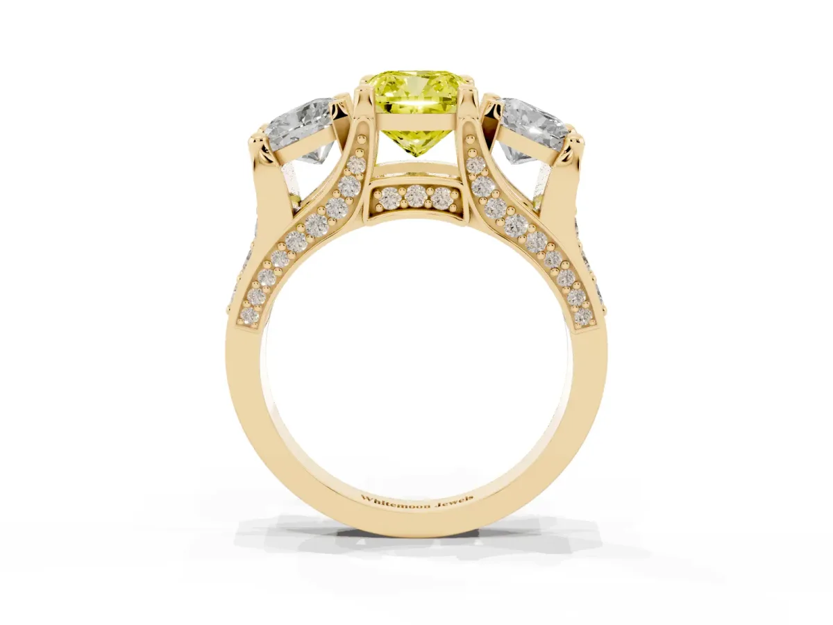 Fancy Yellow Cushion Cut Diamond Three-Stone Ring with Channel Set Band and Four-Prong Setting Yellow gold