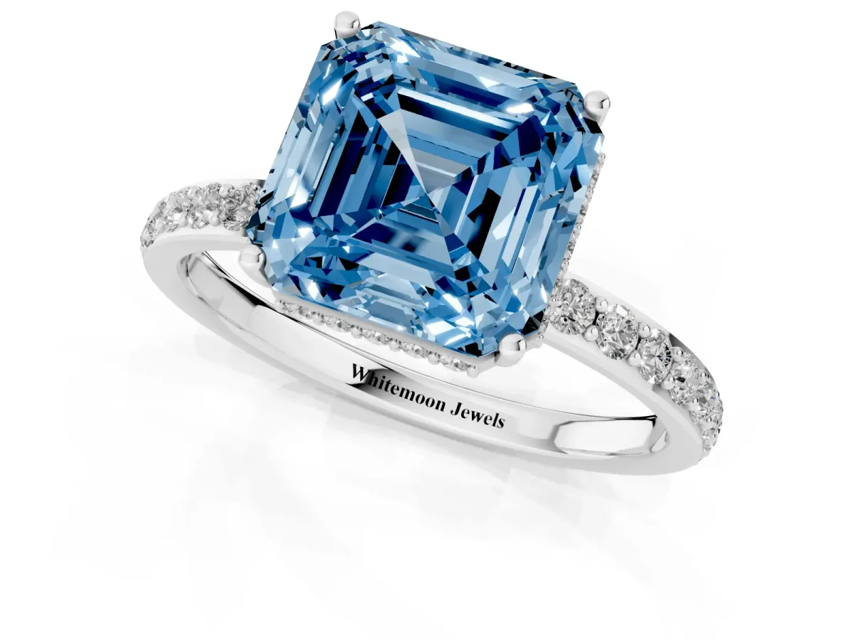 Fancy Blue Asscher Cut Diamond Solitaire Ring with Pavé Band and Hidden Halo White gold