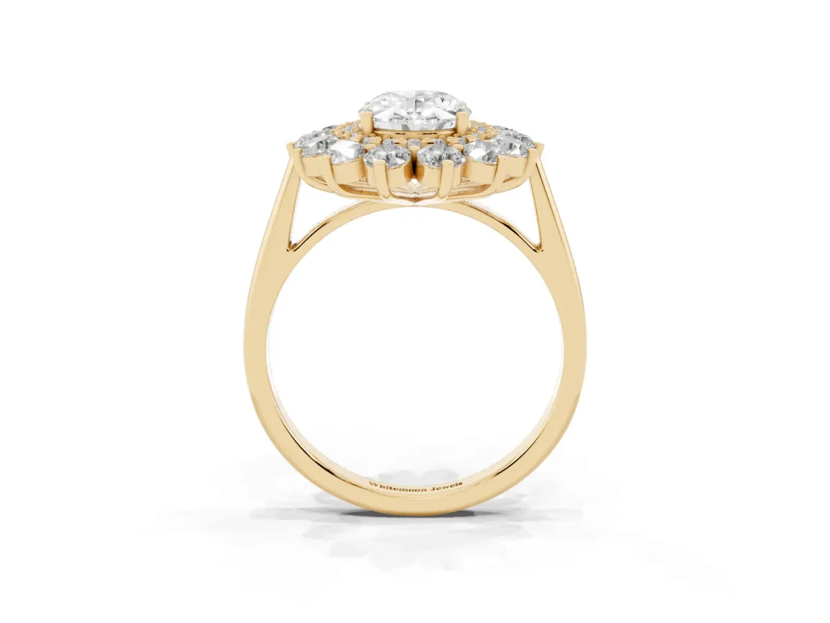 Oval Cut Diamond Floral Double Halo Engagement Ring with Prong Setting Yellow gold