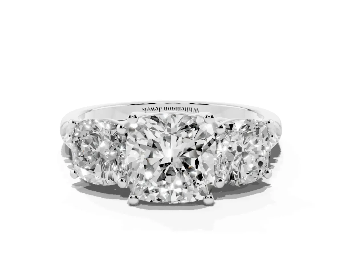 Three-Stone Cushion Cut Diamond Ring with Round Pavé Band and Prong Setting Silver