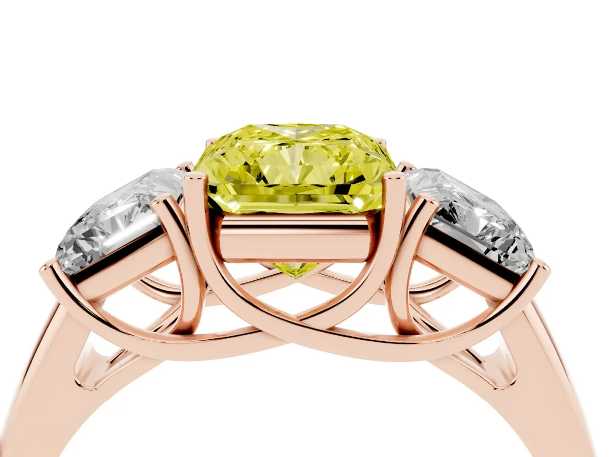 Fancy Yellow Three-Stone Radiant Cut Diamond Engagement Ring with Prong Setting Rose gold
