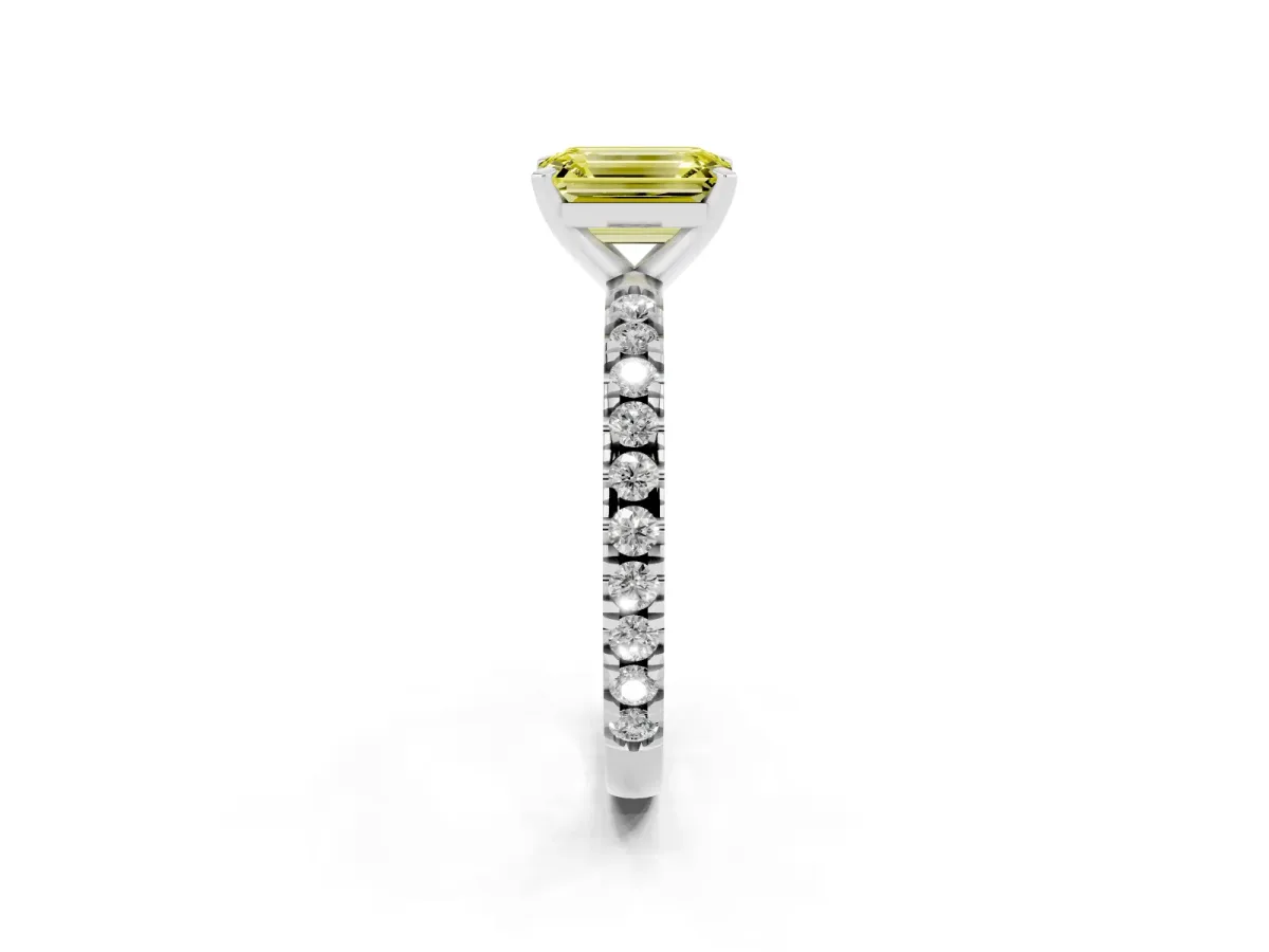 Fancy Yellow Emerald Cut Diamond Pavé Band Solitaire with Four-Prong Setting Silver