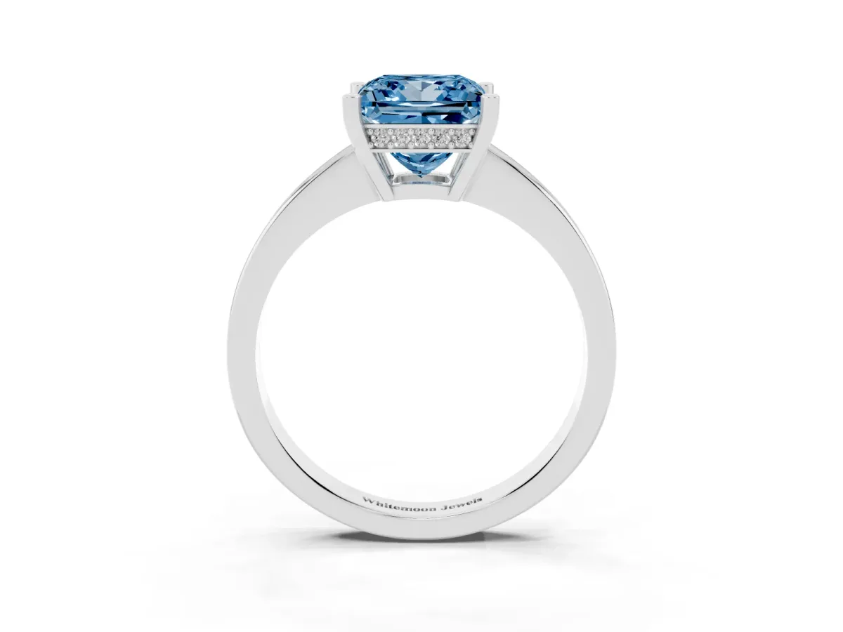 Fancy Blue Princess Cut Solitaire Pavé Band Prong Setting Ring Silver