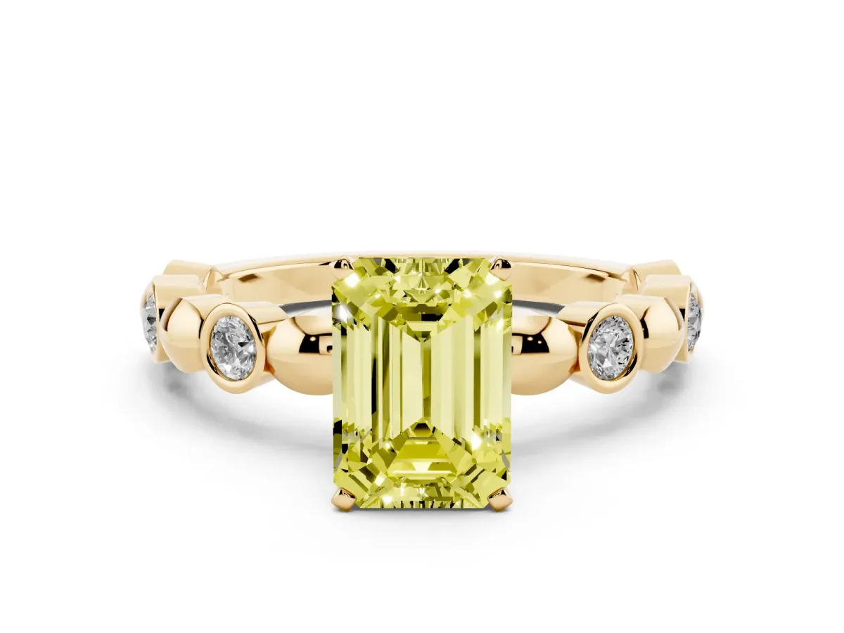 Fancy Yellow Emerald Cut Solitaire Bezel-Set Diamond Ring with Beaded Band and Four-Prong Setting Yellow gold