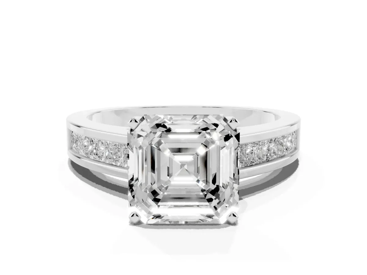 Asscher Cut Solitaire Diamond Ring with Channel-Set Band and Four-Prong Setting Silver