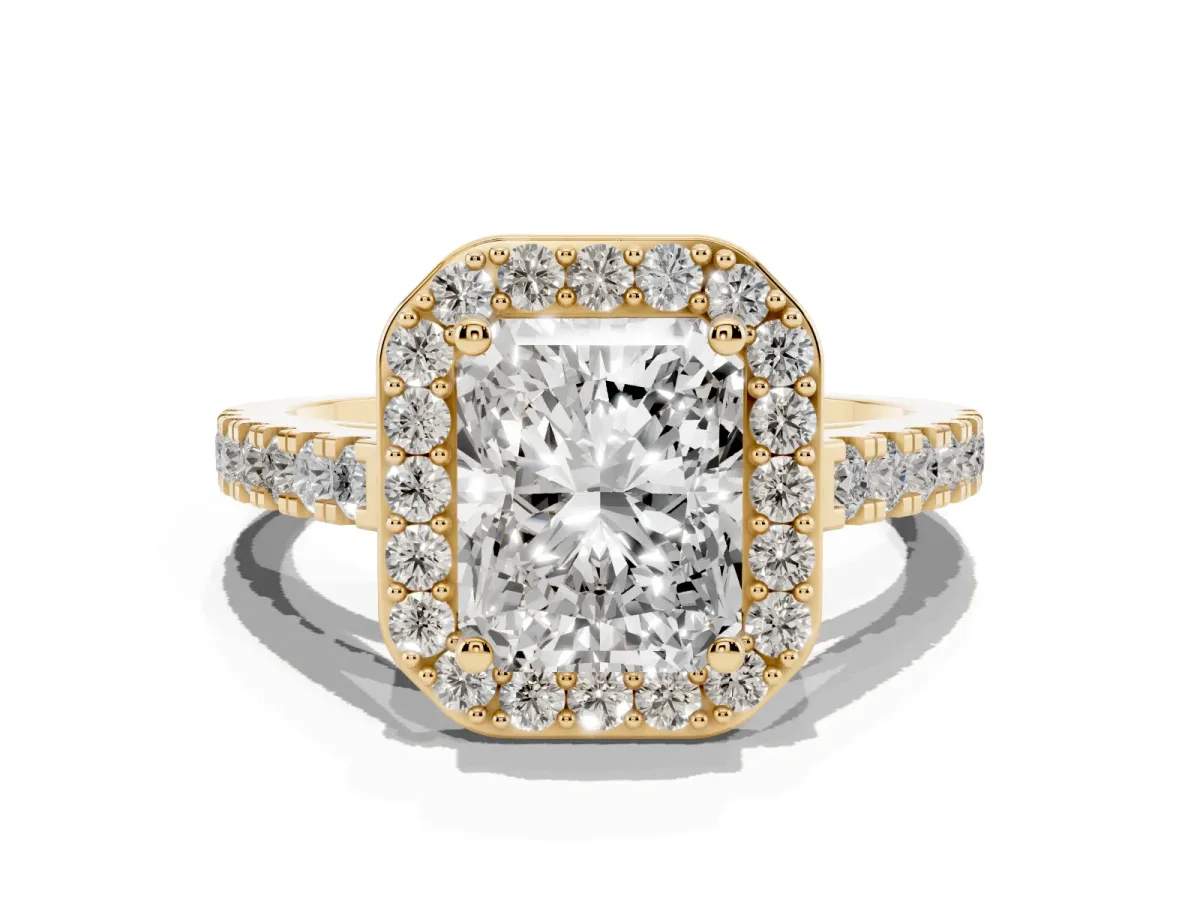 Radiant Cut Diamond Halo Ring with Round Pavé Split Shank and Prong Setting Yellow gold